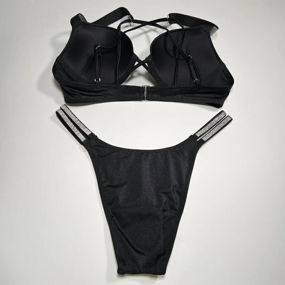 Victoria Secret 34A S Bombshell Push Up Bikini Top Set Glam Shine Strap Black